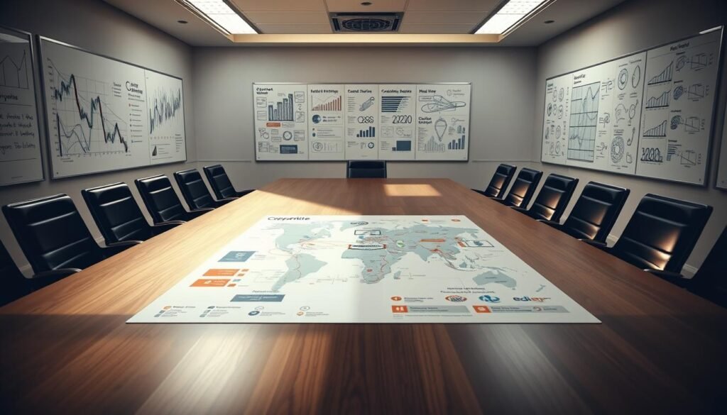 A boardroom table surrounded by empty chairs, casting long shadows under harsh overhead lighting. In the center, a detailed map of the competitive landscape, with various company logos and market share data points. The walls are lined with whiteboards covered in intricate diagrams and charts, conveying the complex, data-driven nature of competitive analysis. An air of intensity and focus permeates the scene, emphasizing the critical importance of this strategic undertaking in today's fast-paced business environment.