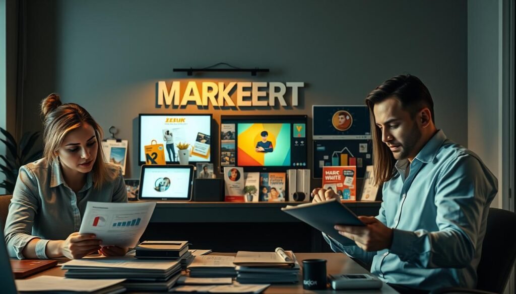 A budgetary landscape with a tactful balance of pragmatic constraints and aspirational ambitions. In the foreground, a team of focused professionals deliberating over spreadsheets and graphs, their expressions conveying a measured optimism. In the middle ground, an array of marketing materials - brochures, digital displays, and promotional items - arranged in a visually harmonious composition. The background features a muted, office-like setting, with subtle cues hinting at the broader context of limited resources and the need for strategic allocation. The lighting is warm and professional, casting a sense of diligence and thoughtfulness over the scene. The overall mood is one of disciplined creativity, where constraints breed innovation and modest means are leveraged for maximum impact.