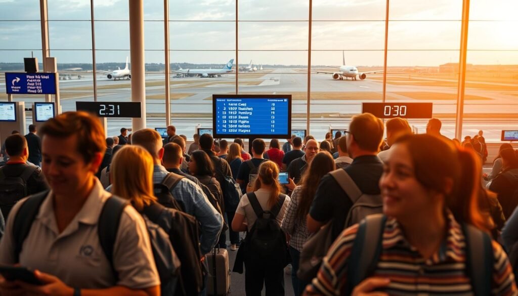 A bustling airport terminal, with travelers navigating through security checkpoints and boarding gates, their faces illuminated by the warm glow of electronic screens. In the middle ground, a digital display showcases upcoming flights and arrival times, while in the background, a panoramic view of the runway and aircraft taking off. The scene conveys a sense of anticipation and connection, capturing the essence of the digital traveler's journey before departure.