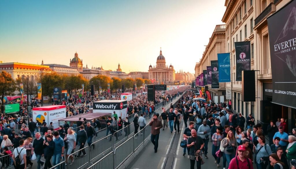 A bustling city street during a major cultural event, with crowds of people navigating the urban landscape. In the foreground, a network of barricades and crowd control measures guide the flow of pedestrian traffic. In the middle ground, colorful banners and signage direct visitors towards event venues and attractions. The background features iconic architectural landmarks, bathed in warm, golden evening light. The overall scene conveys a sense of efficient crowd management and a vibrant, celebratory atmosphere.