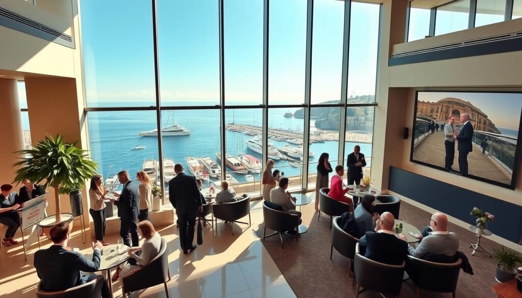 A bustling coastal city nestled along the azure waters of the Côte d'Azur, where business and leisure seamlessly intertwine. A chic hotel lobby with floor-to-ceiling windows offers a panoramic view of the sun-drenched harbor, yachts gently bobbing in the distance. Well-dressed professionals mingle with vacationers, sipping espresso and discussing their next venture. The ambiance is one of effortless sophistication, a harmonious blend of productivity and relaxation. A sleek, modern conference room overlooks the shimmering Mediterranean, its large screen displaying a presentation on the region's burgeoning "bleisure" opportunities. This is a destination that caters to the modern business traveler, where work and play coexist in perfect harmony.