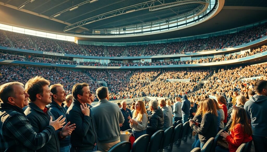 A bustling football stadium, the energy palpable as fans eagerly await the match. The scene captures the fan experience, with spectators occupying the stands, their expressions a mix of anticipation and excitement. Warm sunlight filters through the glass panels, casting a soft glow over the scene. In the foreground, a group of fans animatedly discuss the upcoming game, gesturing enthusiastically. In the middle ground, families and friends settle into their seats, chatting and sharing snacks. The background reveals the stadium's modern architecture, with sleek lines and state-of-the-art amenities. The overall atmosphere is one of camaraderie and shared passion, creating an immersive and memorable experience for the spectators.