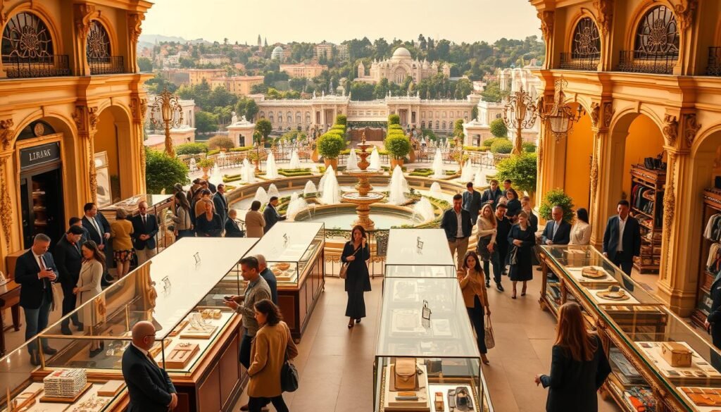 A bustling high-end marketplace, awash in golden light and elegant opulence. In the foreground, rows of polished displays showcase the latest luxurious goods - sparkling jewelry, fine leather goods, and tailored fashion. Mid-ground, well-heeled patrons peruse the wares, their designer attire and accessories reflecting the premium atmosphere. The background is a panoramic vista of ornate architecture, ornamental fountains, and lush greenery, creating a sense of refined sophistication. Soft, diffused lighting casts a warm, inviting glow, while the overall composition conveys the allure and exclusivity of the luxury market.