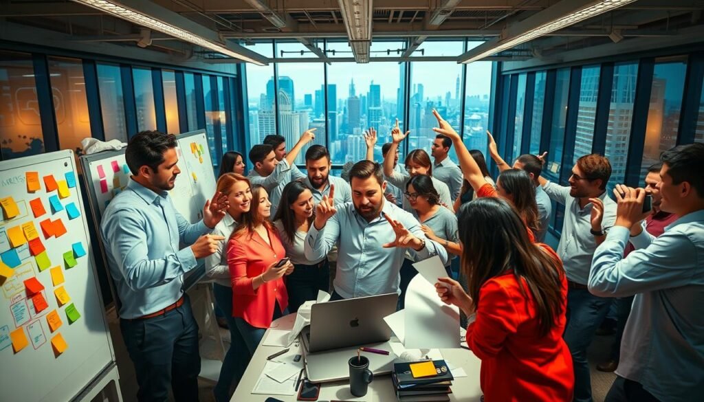 A bustling office scene with a frenetic, high-energy atmosphere. In the foreground, a group of marketing professionals engaged in a lively brainstorming session, surrounded by whiteboards, colorful sticky notes, and scattered papers. The lighting is bright and energetic, with a slightly warm tone. In the middle ground, colleagues are gesticulating animatedly, laptops open, and phones in hand, conveying a sense of frenzied activity. The background features a panoramic view of a modern, glass-walled office, with the city skyline visible beyond. The overall mood is one of intense focus, creativity, and a palpable drive towards innovative marketing strategies. A bustling office scene with a frenetic, high-energy atmosphere. In the foreground, a group of marketing professionals engaged in a lively brainstorming session, surrounded by whiteboards, colorful sticky notes, and scattered papers. The lighting is bright and energetic, with a slightly warm tone. In the middle ground, colleagues are gesticulating animatedly, laptops open, and phones in hand, conveying a sense of frenzied activity. The background features a panoramic view of a modern, glass-walled office, with the city skyline visible beyond. The overall mood is one of intense focus, creativity, and a palpable drive towards innovative marketing strategies.