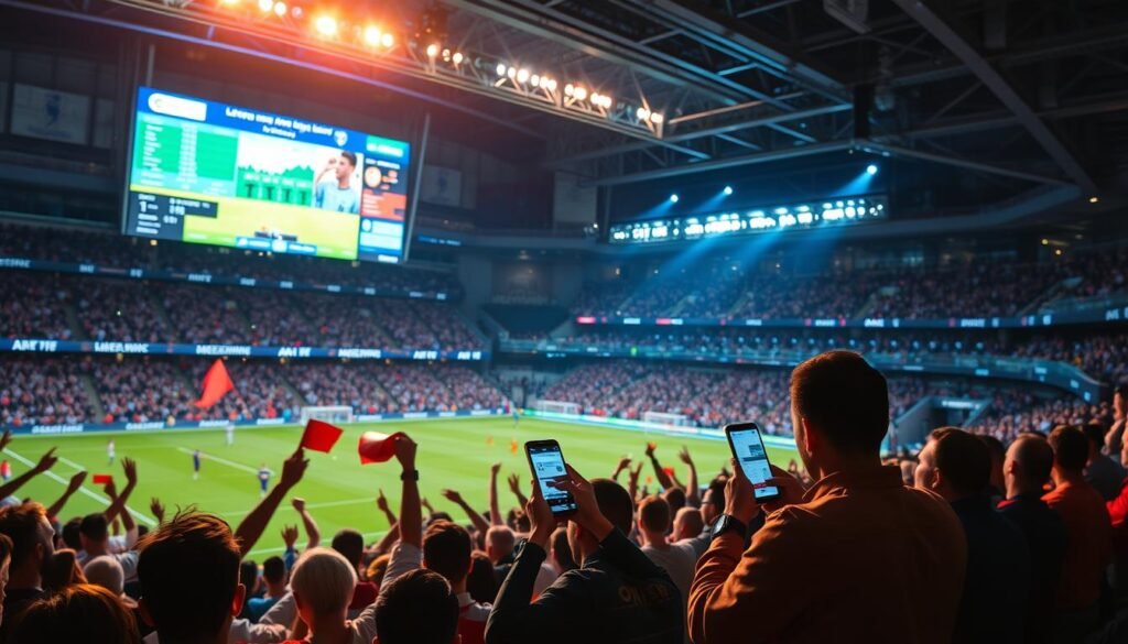 A bustling sports stadium fills the frame, fans passionately cheering and waving flags. In the foreground, a crisp scoreboard displays live match data, metrics, and visualizations, casting a warm glow over the excited crowd. The middle ground features individuals engrossed in smartphone screens, tapping and swiping to access real-time fan engagement analytics. In the background, a data server room hums with activity, cables and screens pulsing with the flow of information that powers the club's digital strategy. The scene conveys the transformative impact of data-driven decision-making, empowering sports organizations to optimize marketing and fan experiences in the modern digital landscape.
