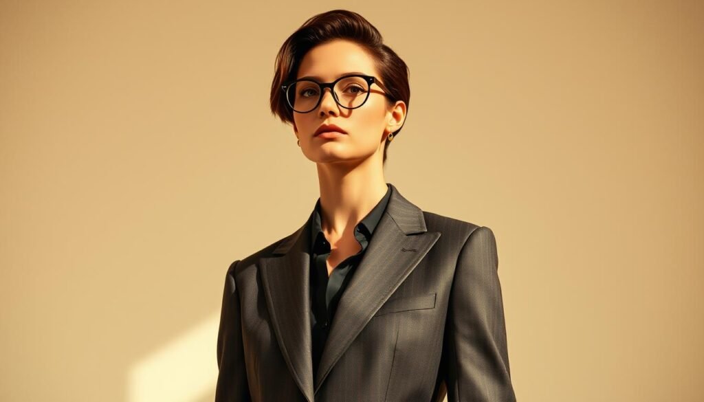 A chic and sophisticated fashion director stands tall, exuding confidence and creative vision. Dressed impeccably in a tailored suit, the director's gaze is focused and pensive, capturing the essence of luxury brand management. The scene is set against a backdrop of a minimalist, light-filled studio, with clean lines and a neutral color palette that showcases the director's keen aesthetic sense. Warm, directional lighting casts subtle shadows, accentuating the director's features and creating a sense of depth and dimension. The overall mood is one of quiet authority, reflecting the director's pivotal role in shaping the brand's artistic direction and ensuring its timeless appeal.