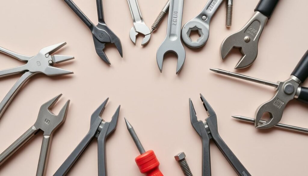 A close-up of a variety of metallic tools, including pliers, wrenches, screwdrivers, and other handheld implements, arranged on a plain, neutral-colored background. The tools are well-lit, with soft, diffused lighting highlighting their textures and metallic finishes. The overall composition is clean and minimalist, allowing the tools to be the central focus. The mood is one of functionality and precision, conveying a sense of efficient problem-solving and hands-on creativity.