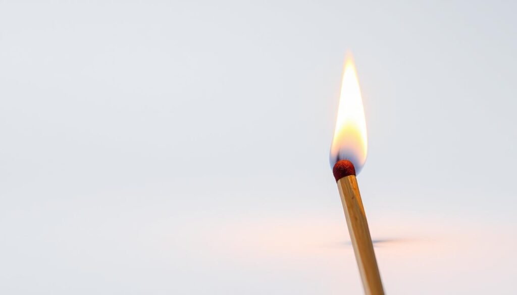 A close-up view of a matchstick, lit and glowing, with a clean and crisp white background. The flame casts a warm, amber glow, illuminating the wooden shaft and the striking head. The perspective is slightly angled, giving a dynamic and engaging composition. The overall mood is one of focus, intensity, and the power of a small but essential tool for the game of football, representing the e-sport industry's potential to ignite new opportunities for traditional sports clubs.