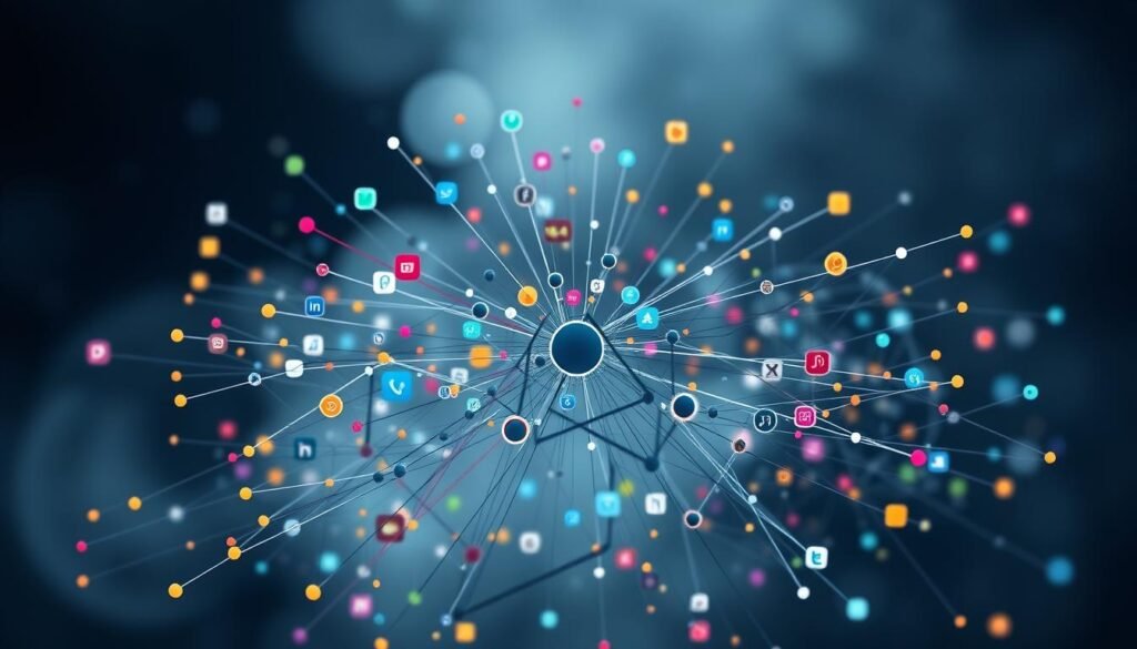 A complex network of interconnected social media platforms, symbolized by a web of colorful lines and shapes. In the foreground, a central hub representing the primary social networks, surrounded by a dynamic interplay of nodes and connections, conveying the ubiquitous nature of social media in modern communication. The middle ground features abstract representations of data flows, user interactions, and trending content, creating a sense of constant activity and engagement. In the background, a subtle, hazy atmosphere evokes the pervasive and ever-present influence of social media, blurring the boundaries between digital and physical realms. Soft, diffused lighting casts a contemplative mood, underscoring the unique challenges and opportunities presented by social media during times of crisis.