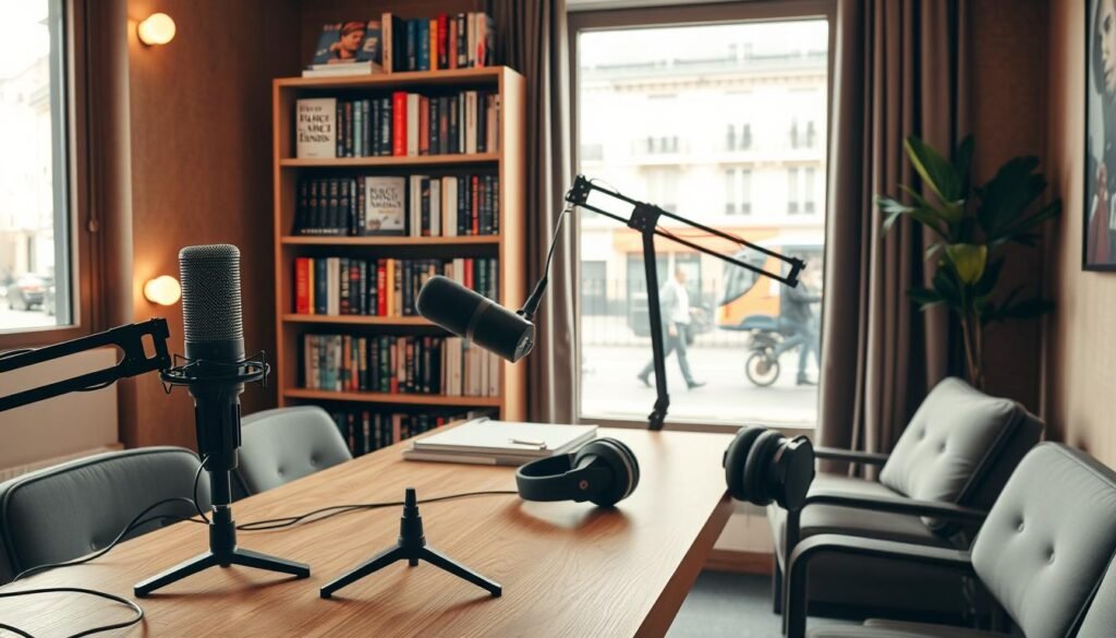 A cozy, French-inspired podcast studio with warm lighting and minimalist decor. In the foreground, high-quality microphones and headphones sit on a sleek wooden table, inviting listeners to tune in. The middle ground features a stylish bookshelf displaying popular French marketing and business titles, hinting at the content within. In the background, a large window offers a glimpse of a bustling Parisian street, creating a sense of connection to the local audience. The overall atmosphere is professional yet inviting, reflecting the informative and engaging nature of the podcasts. A cozy, French-inspired podcast studio with warm lighting and minimalist decor. In the foreground, high-quality microphones and headphones sit on a sleek wooden table, inviting listeners to tune in. The middle ground features a stylish bookshelf displaying popular French marketing and business titles, hinting at the content within. In the background, a large window offers a glimpse of a bustling Parisian street, creating a sense of connection to the local audience. The overall atmosphere is professional yet inviting, reflecting the informative and engaging nature of the podcasts.