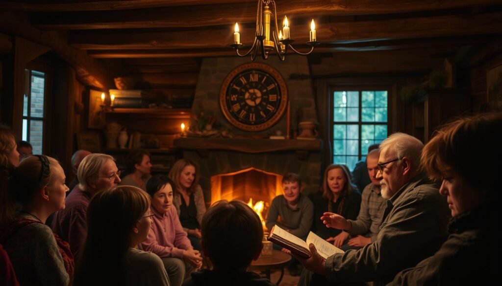 A cozy, dimly lit room filled with the warm glow of a crackling fireplace. A group of people, both young and old, gathered around a mesmerizing storyteller. Their faces alight with wonder, their eyes captivated by the vivid tales unfolding before them. The storyteller, with expressive gestures and a captivating voice, weaves a tapestry of imagination, transporting the audience to distant lands and timeless moments. The room exudes a sense of intimacy and connection, as the storytelling becomes the catalyst for shared experiences and cherished memories.