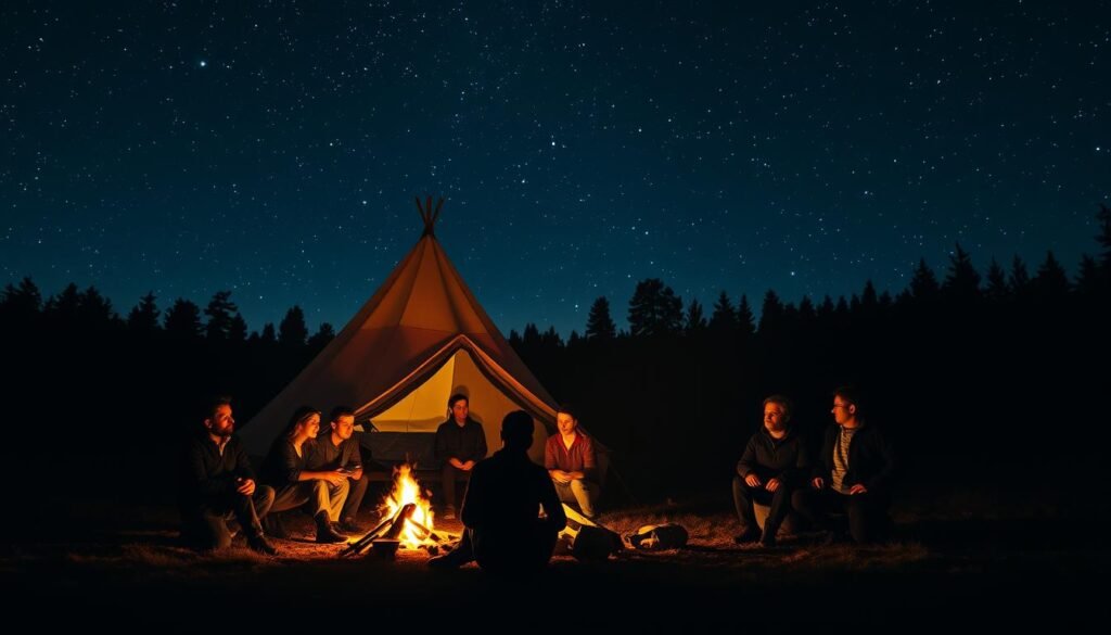 A cozy, intimate campfire scene set against the backdrop of a starry night sky. In the foreground, a group of people are gathered around the crackling fire, their faces illuminated by the warm glow, engaged in deep conversation. Behind them, a canvas tent stands tall, casting long shadows on the ground. In the distance, a lush forest frames the scene, its silhouetted trees reaching up towards the twinkling constellations above. The atmosphere is one of camaraderie, reflection, and the power of storytelling to connect people, fostering a sense of shared experience and community.