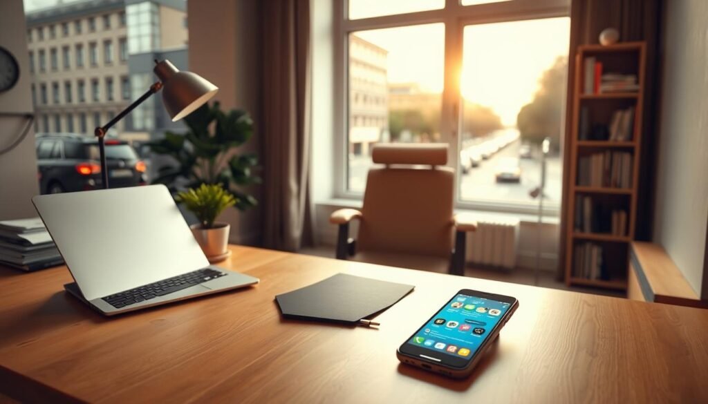 A cozy, well-lit office space, with a large window overlooking a bustling city street. In the foreground, a sleek, modern desk with a laptop, a stylish desk lamp, and a small potted plant. On the desk, a mobile phone is prominently displayed, its screen showing a messaging app interface, conveying the idea of social communication and engagement. The middle ground features a comfortable office chair and a minimalist bookshelf, hinting at the intellectual and creative nature of the work being done. The background is filled with warm, muted tones, creating a sense of professionalism and productivity, perfectly suited for the "Messagerie, influence et preuve sociale pour booster la conversion" section of the article.