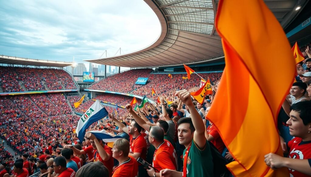A crowd of enthusiastic fans clad in vibrant team colors pack the stadium stands, their faces filled with anticipation and excitement. In the foreground, a group of fans wave flags and banners, their expressions animated as they cheer passionately. The middle ground showcases the stadium's modern architecture, with sleek lines and dynamic lighting that creates a sense of energy and spectacle. The background depicts the city skyline, hinting at the interconnectedness of the stadium and its broader urban context. The scene is captured through a wide-angle lens, conveying a sense of scale and immersion, while the lighting is warm and natural, evoking the electric atmosphere of a thrilling matchday experience.