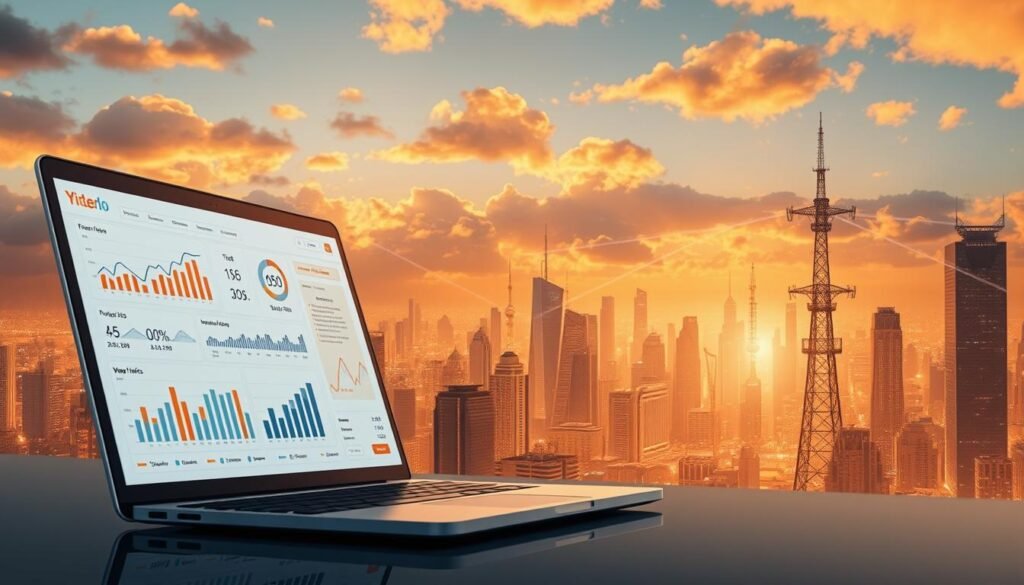 A detailed, cinematic illustration of e-commerce growth and digital networks. In the foreground, a sleek, minimalist laptop display showcases an interactive dashboard with charts, graphs, and data visualizations tracking online sales and web traffic trends. The middle ground features a bustling, futuristic cityscape with towering skyscrapers, interconnected communication towers, and glowing holographic interfaces. The background is a serene, cloud-filled sky bathed in warm, golden light, creating a sense of innovation, dynamism, and technological progress. The overall mood is one of sophistication, efficiency, and boundless digital potential. A detailed, cinematic illustration of e-commerce growth and digital networks. In the foreground, a sleek, minimalist laptop display showcases an interactive dashboard with charts, graphs, and data visualizations tracking online sales and web traffic trends. The middle ground features a bustling, futuristic cityscape with towering skyscrapers, interconnected communication towers, and glowing holographic interfaces. The background is a serene, cloud-filled sky bathed in warm, golden light, creating a sense of innovation, dynamism, and technological progress. The overall mood is one of sophistication, efficiency, and boundless digital potential.