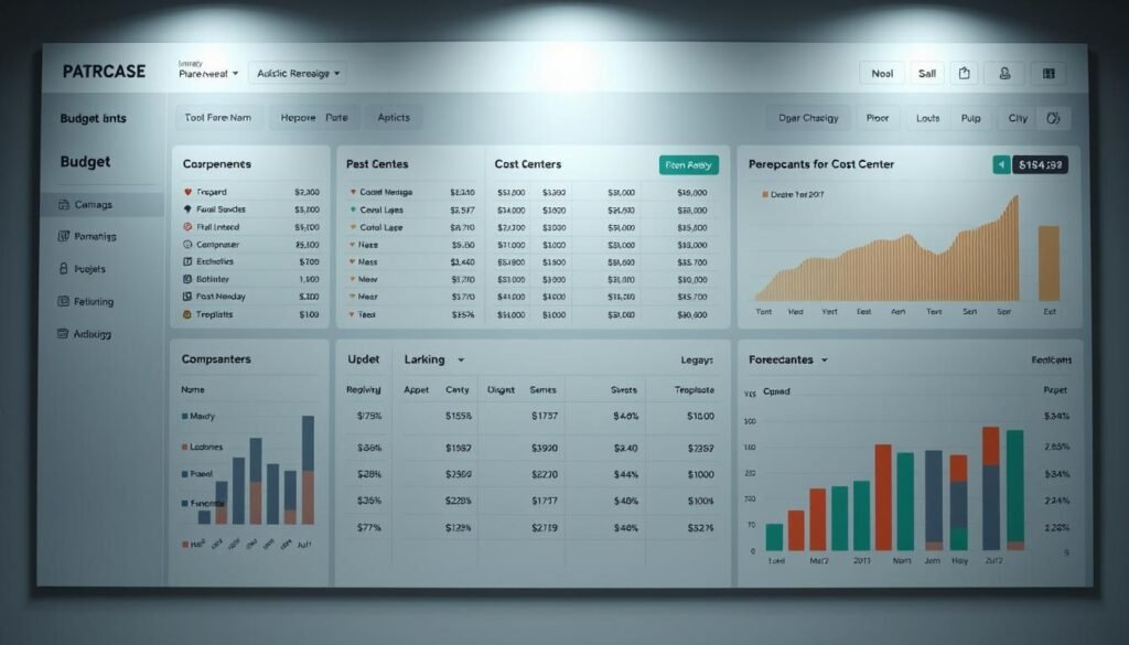 A detailed financial dashboard displaying key budget line items and cost centers. A modern, minimalist interface with clean typography and precise data visualizations. Smooth grey tones with pops of vibrant color highlighting critical metrics. Precise charts and graphs convey spending, allocation, and forecasting at a glance. Subtle lighting casts a professional glow, drawing the viewer's eye to the important details. The layout is well-organized, making it easy to quickly understand the budget's structure and performance. An authoritative, analytical atmosphere pervades the scene, reflecting the subject's serious financial management.