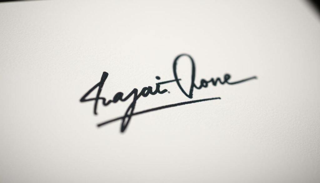 A detailed, high-quality signature design in a luxurious, understated style. The signature is elegantly rendered in a calligraphic script, with smooth, flowing strokes in a deep, rich shade of black ink. The signature appears to be captured with a high-quality camera lens, creating a shallow depth of field that softly blurs the background, allowing the signature to stand out in sharp focus. The lighting is soft and even, creating subtle highlights and shadows that accentuate the three-dimensional quality of the signature. The overall mood is one of refinement, exclusivity, and brand authority, reflecting the idea of a distinct, protected audio identity.