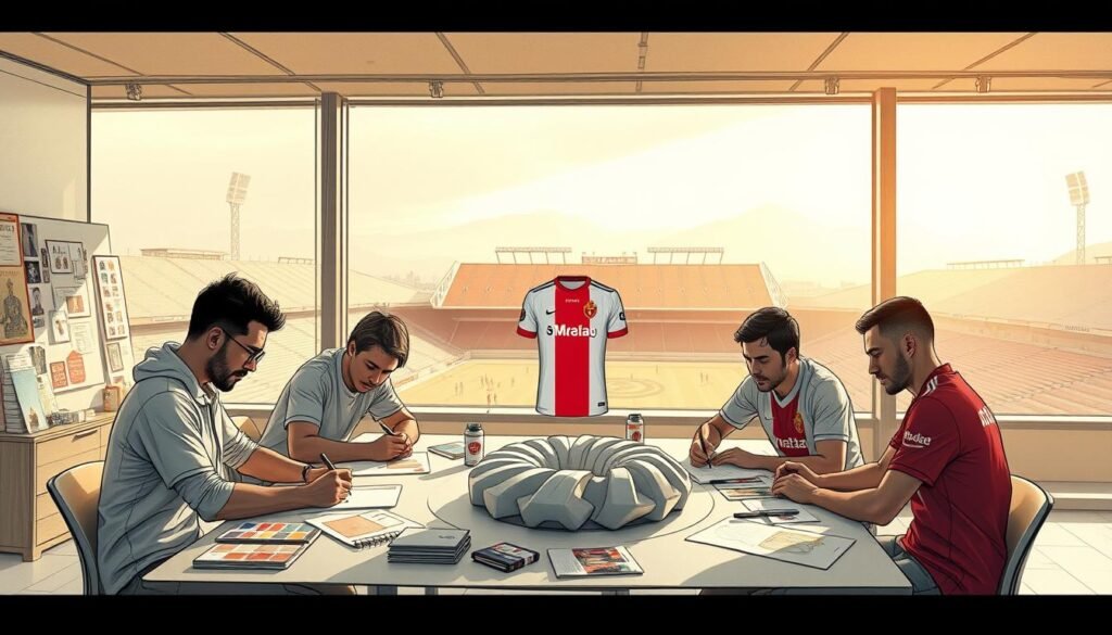 A detailed sketch of the creative process behind the "projet identité" for the mythical AS Monaco football club. In the foreground, a team of designers huddled around a table, sketching concepts and brainstorming ideas. Amid swatches of club colors and mood boards, they meticulously refine the new crest and visual identity. In the middle ground, a 3D model of the proposed jersey design rotates, showcasing the bold, innovative aesthetic. In the background, a panoramic view of the Stade Louis II stadium, the club's historic home, as if to ground the reinvention in the team's rich heritage. Warm lighting filters through large windows, casting a contemplative atmosphere over the scene, capturing the delicate balance between honoring tradition and embracing change.
