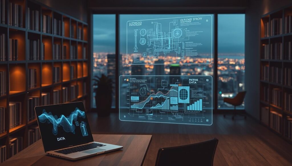 A dimly lit office interior, with a sleek, modern desk and chair arrangement. Rows of bookshelves line the walls, casting warm, diffused lighting across the scene. In the foreground, a laptop displays a series of abstract data visualizations, highlighting the flow and interconnectedness of healthcare data. The middle ground features a holographic projection of a medical blueprint, showcasing the principles of ethical data governance. In the background, a large window offers a panoramic view of a bustling city skyline, symbolizing the broader societal impact of responsible data management. The overall atmosphere is one of thoughtful contemplation, where technology and human values converge to create a sustainable, data-driven future.