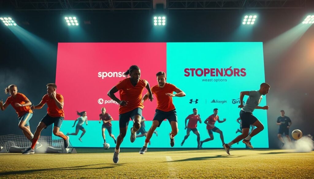 A dynamic and modern sports sponsorship scene, captured in a sleek, cinematic style. In the foreground, a group of professional athletes engaged in various sports, their movements frozen in time, conveying a sense of power and athleticism. The middle ground features a vibrant, minimalist backdrop, highlighting the sponsors' branding and messaging, seamlessly integrated into the scene. The lighting is crisp and directional, casting dramatic shadows and emphasizing the energy and excitement of the moment. The overall atmosphere evokes a forward-thinking, innovative approach to sports marketing, where the partnership between brands and athletes is mutually beneficial and authentically celebrated.