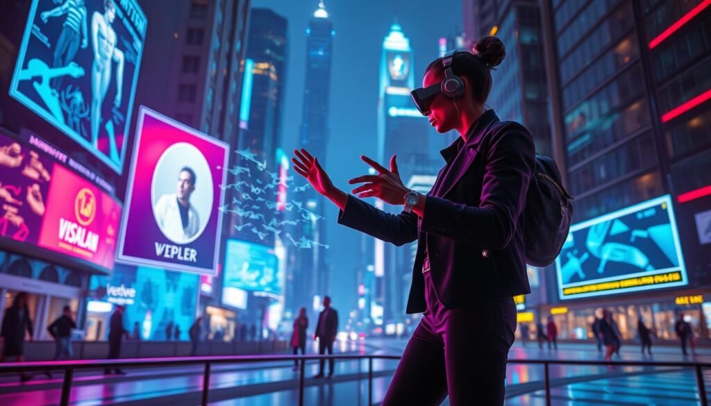 A dynamic augmented reality experience, showcasing the intersection of fashion, music, and cutting-edge digital technology. A futuristic cityscape serves as the backdrop, with sleek holographic displays and immersive AR overlays seamlessly blending the physical and virtual worlds. In the foreground, a fashionably dressed figure interacts with a virtual musical performance, gestures triggering visually stunning audio-reactive effects. The scene is bathed in a vibrant, neon-infused lighting, creating a captivating atmosphere of innovation and creativity. The image conveys a sense of wonder and boundless possibilities, encapsulating the spirit of the article's exploration of digital innovations in sports marketing.