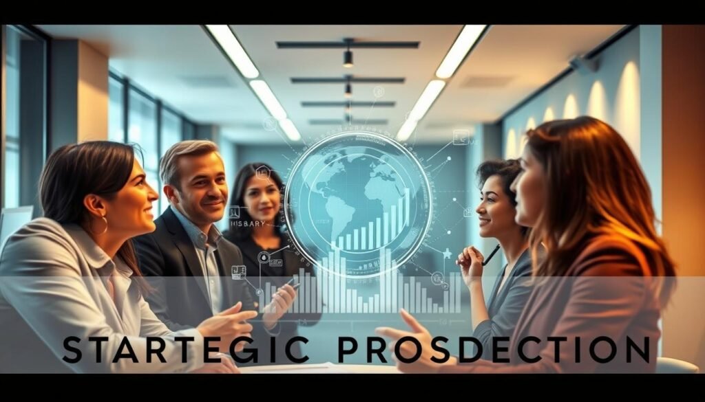 A dynamic business landscape with a focus on strategic prospection. In the foreground, a group of diverse professionals engaged in thoughtful discussion, their expressions conveying a sense of collaboration and innovative thinking. The middle ground features a visual representation of data and analytics, highlighting the intelligent approach to identifying new opportunities. In the background, a sleek, modern office environment with clean lines and muted tones, creating a professional and sophisticated atmosphere. Warm, directional lighting enhances the scene, casting subtle shadows and highlighting the details. The overall composition suggests a thoughtful, data-driven, and forward-thinking approach to business development.