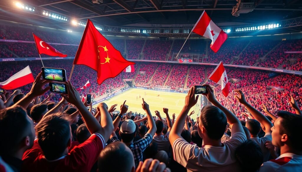 A dynamic crowd of passionate football supporters live-streaming the match, the energy palpable as they cheer, wave flags, and engage with the action on the screen. Vibrant colors, dramatic lighting, and a sense of immersion capture the essence of the digital fan experience, bridging the gap between the physical stadium and the online world. Cinematic framing and a high-resolution, photorealistic style showcase the potential of innovative platforms to bring the thrill of the game to fans everywhere.