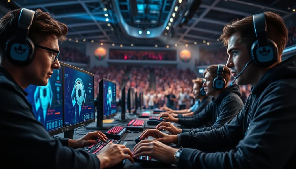 A dynamic esport match, showcasing a captivating multiplayer video game competition. The foreground features two teams of professional gamers, their faces intense with concentration, fingers masterfully controlling their in-game characters. The middle ground highlights the high-tech gaming setup, with sleek monitors, customized keyboards, and state-of-the-art gaming PCs. The background depicts a modern, well-lit arena filled with an electrified audience, their cheers and applause creating an atmosphere of excitement and anticipation. Soft, directional lighting illuminates the scene, casting dramatic shadows and highlighting the players' expressions. The overall composition conveys the fusion of traditional sports with the digital realm, capturing the essence of how the world of football is embracing the new frontier of esports.