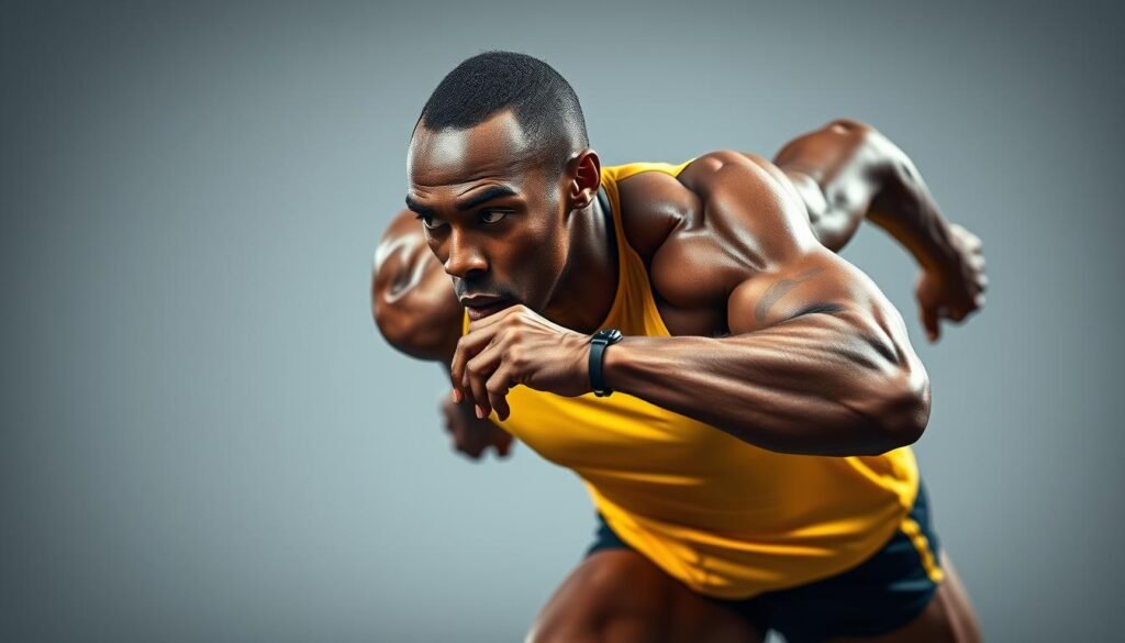A dynamic, high-energy portrait of Usain Bolt, the world's fastest man, captured in mid-stride during a record-breaking sprint. Showcase his powerful, sculpted physique, taut muscles rippling as he drives forward with fierce determination. Dramatic studio lighting casts sharp shadows, accentuating the chiseled features of his face. Capture the intense focus and laser-like gaze, conveying the sheer force of his athletic prowess. Set against a clean, minimal background that allows Bolt's iconic figure to take center stage, this image embodies the essence of elite athletic performance.