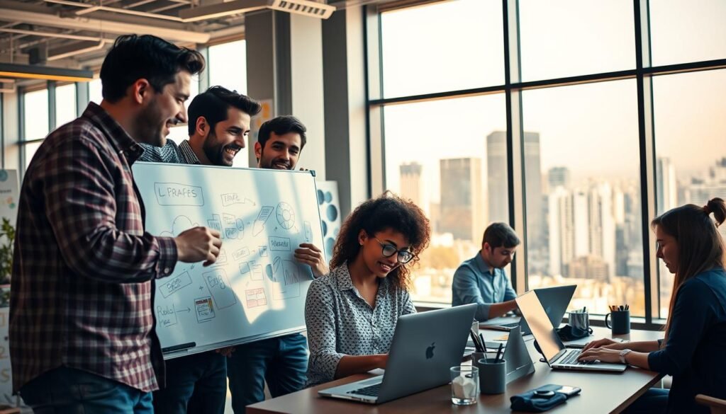 A dynamic team of creative professionals collaborating in a vibrant, well-lit office space. In the foreground, colleagues brainstorm ideas on a digital whiteboard, their expressions animated and engaged. In the middle ground, designers and developers work intently on laptops, surrounded by colorful mood boards and inspirational sketches. The background features floor-to-ceiling windows overlooking a bustling city skyline, bathed in warm, natural light that infuses the scene with an atmosphere of innovation and forward momentum. This image conveys a spirit of shared purpose, technical expertise, and a relentless drive to push the boundaries of what's possible.
