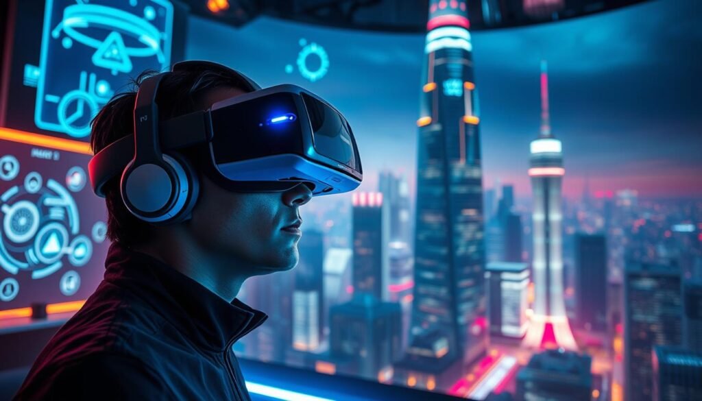 A futuristic, immersive virtual reality scene showcasing cutting-edge technology. In the foreground, a user wearing a sleek, high-tech VR headset is fully engrossed in a vivid, photorealistic digital environment. Surrounding them, floating holograms, ambient lighting, and advanced interfaces create a captivating, high-tech atmosphere. The middle ground features a minimalist, streamlined VR control station, while the background depicts a modern, high-rise cityscape with gleaming skyscrapers and a vibrant, neon-tinged skyline. Crisp, cinematic lighting and a sense of depth and scale convey the immersive, transformative nature of virtual reality technology.