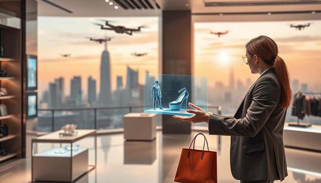 A futuristic scene of augmented reality in a high-end retail setting. In the foreground, a well-dressed shopper interacts with a holographic display, examining a luxurious product through detailed 3D visualization. The middle ground features sleek, minimalist store fixtures and digital signage, seamlessly blending physical and virtual elements. The background showcases a panoramic cityscape, with skyscrapers and hovering drones, hinting at the integration of advanced technologies throughout the shopping experience. Soft, warm lighting casts a futuristic glow, creating an immersive and visually captivating atmosphere. The overall scene conveys a sense of innovation, personalization, and the fusion of the physical and digital realms in the luxury retail landscape of 2030. A futuristic scene of augmented reality in a high-end retail setting. In the foreground, a well-dressed shopper interacts with a holographic display, examining a luxurious product through detailed 3D visualization. The middle ground features sleek, minimalist store fixtures and digital signage, seamlessly blending physical and virtual elements. The background showcases a panoramic cityscape, with skyscrapers and hovering drones, hinting at the integration of advanced technologies throughout the shopping experience. Soft, warm lighting casts a futuristic glow, creating an immersive and visually captivating atmosphere. The overall scene conveys a sense of innovation, personalization, and the fusion of the physical and digital realms in the luxury retail landscape of 2030.