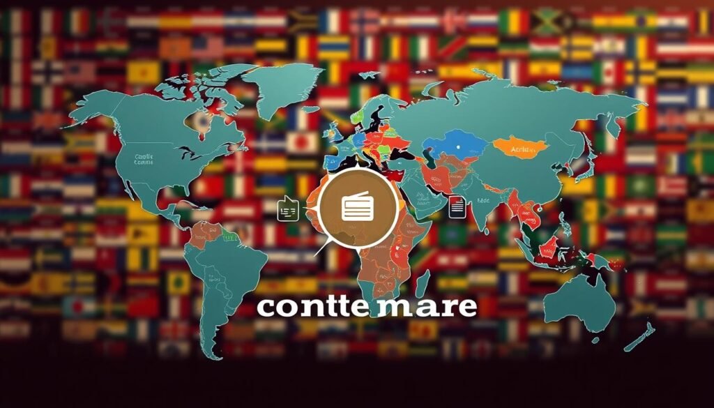 A global business landscape with a diverse array of international markets, each with unique cultural, economic, and regulatory contexts. In the foreground, a stylized world map showcases the interconnected nature of modern commerce. The middle ground features dynamic icons representing key brand strategy elements - market segmentation, localization, digital presence, and brand positioning. The background is a vibrant mosaic of national flags, symbolizing the intricacies of adapting a brand to thrive across borders. Warm, muted tones create an atmosphere of thoughtful strategy, while strategic use of light and shadow emphasizes the depth and complexity of the "contexte marque" concept.