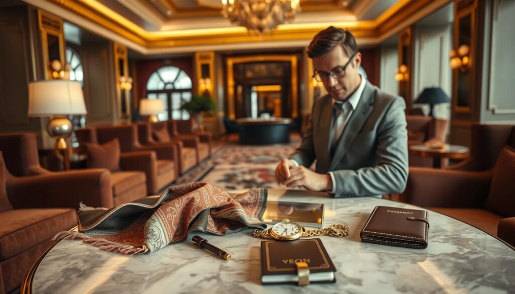 A grand hotel lobby, opulent and inviting, serves as the backdrop. Plush velvet armchairs and gleaming brass accents create an atmosphere of refined elegance. On a marble-topped table, an array of luxurious souvenirs beckons - a vintage-inspired silk scarf, a bejeweled pocket watch, and a handcrafted leather passport holder. The lighting is soft and warm, casting a golden glow that highlights the tactile allure of the items. In the foreground, a well-heeled traveler, impeccably dressed, examines the souvenirs, their expression one of thoughtful consideration, as they imagine the stories each piece could tell of their grand adventures.