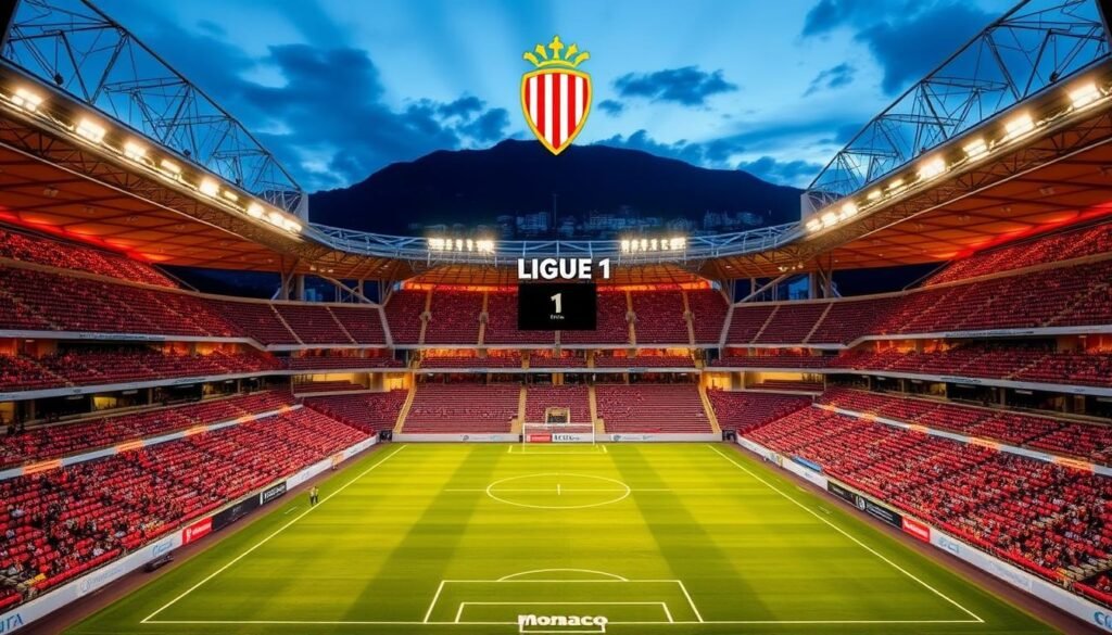 A grand, modern stadium with the iconic "Ligue 1" insignia prominently displayed on the facade. Rows of gleaming seats fill the interior, bathed in warm, golden lighting that casts a vibrant, energetic atmosphere. The pitch below is lush and well-manicured, ready for the elite players of the AS Monaco club to showcase their skills. In the background, the stunning skyline of Monte Carlo provides a picturesque backdrop, underscoring the international prestige and global reach of this prestigious league. The scene conveys a sense of ambition, excellence, and the promise of thrilling, world-class football.