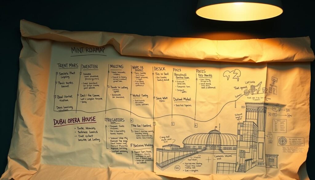 A handwritten roadmap on a crumpled, aged paper scroll, illuminated by a warm, soft light from an overhead lamp. The blueprint-like layout features milestone markers, color-coded timelines, and intricate sketches of architectural elements, reflecting the careful planning and execution of the Dubai Opera House launch. The paper's texture and weathered edges convey a sense of tradition and craftsmanship, while the dynamic, annotated layout suggests a meticulous, step-by-step approach to this ambitious project. The overall atmosphere is one of thoughtful preparation, attention to detail, and a reverence for the process of building a brand from the ground up.