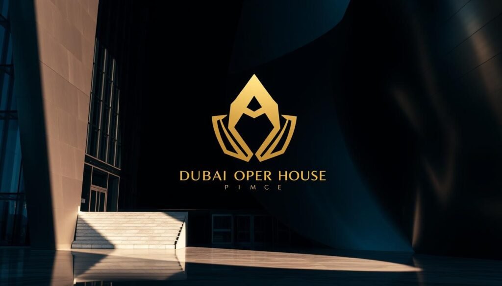 A high-contrast, modern visual identity for the Dubai Opera House, featuring a dramatic, minimalist logo composed of elegant, intersecting architectural shapes in a sophisticated palette of midnight blue, gold, and charcoal grey. The logo is displayed on a series of sleek, reflective surfaces, including a towering glass facade, a polished marble entryway, and the glossy skin of a state-of-the-art performance hall. Dramatic, side-lit shadows add depth and dimension, while a cinematic, low-angle perspective emphasizes the grand, imposing scale of the building's design. The overall mood is one of refined sophistication, artistic excellence, and a bold, visionary spirit.