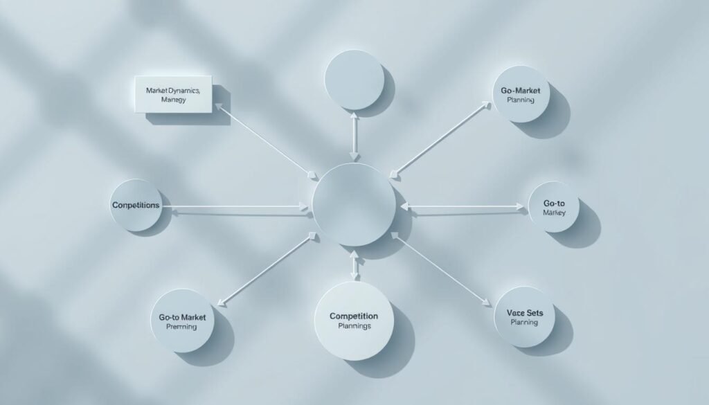 A high-contrast overhead view of a geometric strategy map, with interconnected shapes and lines representing market dynamics, competition, and go-to-market planning. Crisp, clean lines in a minimalist style, using a muted color palette of blues, grays, and whites to convey a sense of clarity and focus. Subtle lighting casts dramatic shadows, emphasizing the structure and layout of the strategic framework. The composition is balanced and visually appealing, guiding the viewer's eye through the key elements of the strategic plan.