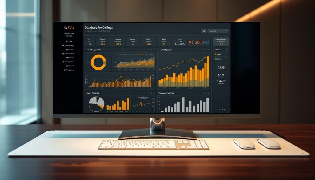 A high-end data visualization dashboard displayed on a sleek, minimalist desk setup. The dashboard features elegant data visualizations and charts in a muted, sophisticated color palette of gold, silver, and black. Soft, directional lighting illuminates the display, creating a sense of refined professionalism. The background is blurred, placing the focus on the data and the luxurious materials of the desk, such as polished wood and brushed metal. The overall impression is one of data-driven decision making in the world of high-end business.