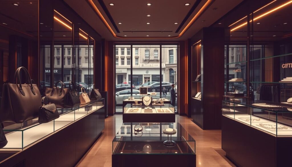 A high-end luxury showroom, dimly lit with warm, golden lighting. In the foreground, sleek designer handbags and accessories are displayed on minimalist glass shelves. The middle ground features a display of fine jewelry, each piece sparkling under the carefully curated lighting. In the background, a large window offers a view of a bustling city street, hinting at the exclusivity and prestige of the establishment. The overall atmosphere is one of sophistication, exclusivity, and attention to detail, capturing the essence of the regulatory and reputational challenges facing the luxury industry.