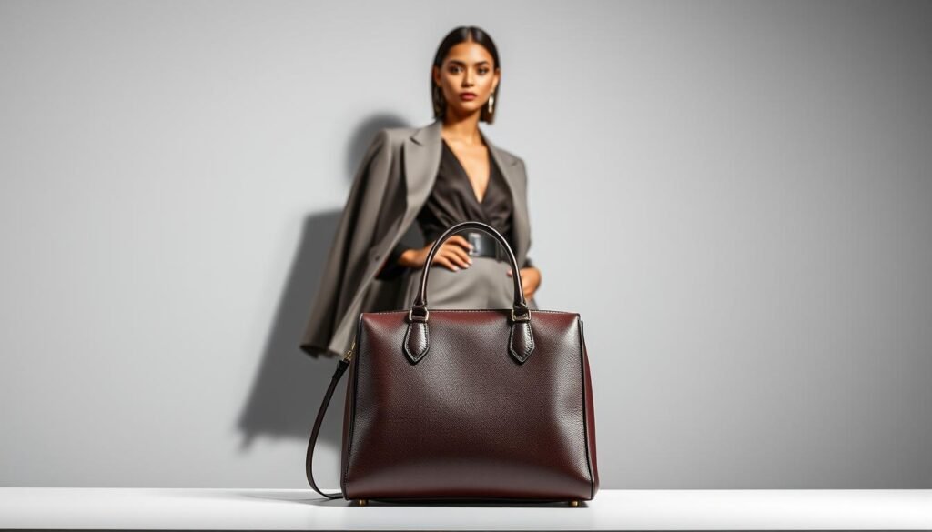 A high-end yet accessible fashion line, displayed on a sleek, minimalist background. In the foreground, a beautifully crafted handbag or accessory, its design elegant and timeless. The lighting is soft and flattering, highlighting the premium materials and exquisite craftsmanship. In the middle ground, a well-dressed model poses confidently, showcasing the item in a manner that conveys both exclusivity and inclusivity. The background is a muted, monochrome palette, allowing the product to take center stage. The overall atmosphere is one of sophistication, exclusivity, and approachability, capturing the essence of a luxury brand made more accessible.