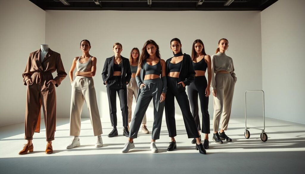 A high-fashion, editorial-style image of the top luxury sportswear trends for 2025 in France. In the foreground, a dynamic composition of sleek, minimalist activewear pieces in luxurious fabrics like silk and cashmere, featuring muted, sophisticated color palettes. In the middle ground, a group of stylish, athletically-inclined models posing confidently, showcasing the clothing. The background has a clean, high-key studio setting with dramatic, soft lighting, casting long shadows and highlights to accentuate the luxurious textures. The overall mood is one of elevated sportswear, blending high performance with high fashion, capturing the zeitgeist of the French luxury sportswear market in 2025.