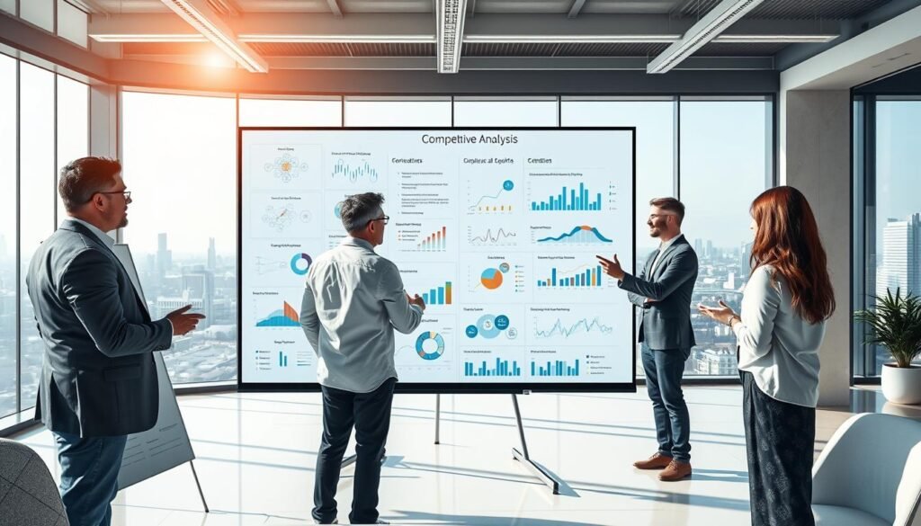 A high-quality, detailed image of "competitive analysis" showing a professional business setting with a large whiteboard or presentation screen in the foreground displaying various analytical frameworks, charts, and diagrams. The middle ground features a team of business executives intently discussing the content on the screen, gesturing and collaborating. The background shows a modern, open-plan office environment with abundant natural light, minimalist decor, and a panoramic city skyline visible through the windows. The overall tone is one of strategic focus, analytical rigor, and a sense of discovery and innovation.