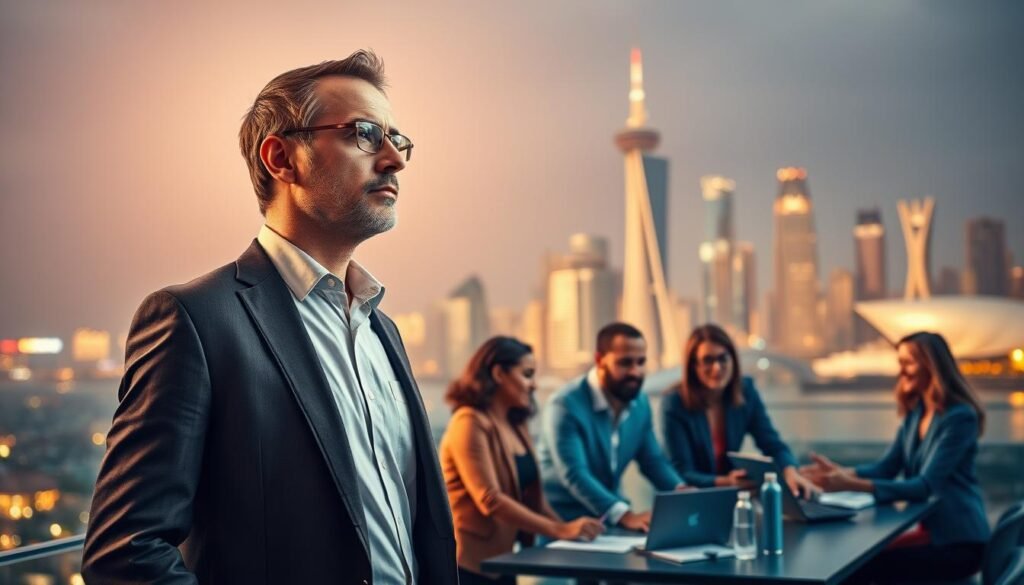 A high-quality, visually striking image depicting the concept of "poser la vision marché" for a creative marketing team. In the foreground, a confident, well-dressed business leader stands tall, gazing thoughtfully into the distance, embodying a sense of clarity and purpose. Subtle lines of force radiate from this central figure, conveying a palpable sense of vision and direction. The middle ground features a team of diverse, engaged marketing professionals, collaborating enthusiastically around a table, their expressions focused and determined. The lighting is warm and inspiring, highlighting the team's energy and synergy. In the background, a cityscape skyline unfolds, with modern, gleaming towers and infrastructure, symbolizing the dynamic, evolving market landscape. The overall composition and mood suggest an image of a brand that is poised for excellence, driven by a powerful, visionary leadership.