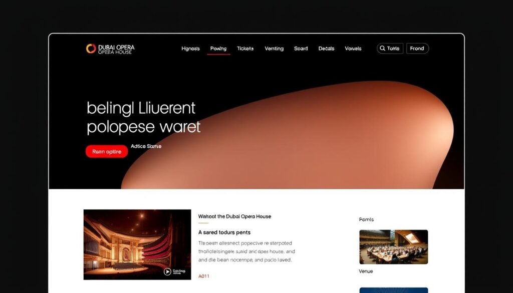 A high-quality website with a sleek, modern design, featuring a clean and intuitive user interface. The site is optimized for both desktop and mobile devices, with a responsive layout that adapts seamlessly to different screen sizes. The homepage showcases the Dubai Opera House's brand identity, highlighting its visual elements, such as a bold color palette, distinctive typography, and elegant iconography. The site's navigation is straightforward and intuitive, guiding users through the various sections, including information about upcoming events, ticketing, and venue details. Subtle lighting and atmospheric shadows create a sense of depth and visual interest, while the overall tone conveys a professional, trustworthy, and user-friendly experience.