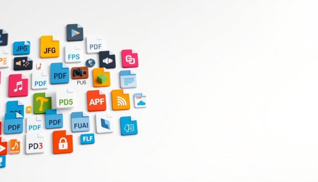 A high-resolution, detailed image depicting various digital media formats and file types, arranged in a visually striking layout. The foreground should feature a collection of common file icons and symbols, including JPG, PNG, GIF, MP3, MP4, PDF, DOC, and other recognizable formats. The middle ground should showcase a clean, minimalist background with a subtle gradient or texture, allowing the file icons to take center stage. The overall mood should convey a sense of organization, technology, and visual harmony, reflecting the need to efficiently manage athletes' images and digital assets for a sports club's brand.