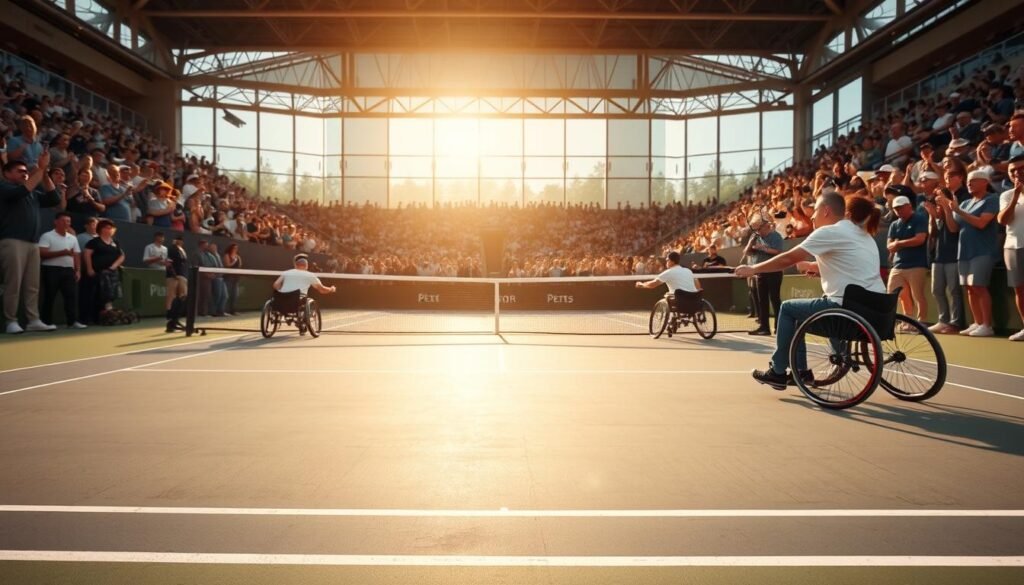 A high-resolution image of a wheelchair tennis court, captured with a wide-angle lens. The foreground features several wheelchair tennis players in action, with their specialized racquets and equipment. The middle ground showcases the court surface, lines, and net, all with a focus on the technical details that enable this adaptive sport. In the background, a crowd of enthusiastic spectators cheers on the players, creating an atmosphere of energy and engagement. The lighting is natural, with a warm, golden hue that highlights the dynamic motion and competitive spirit of the scene. The overall composition conveys the integration of data, technology, and human performance, reflecting the theme of leveraging information to drive fan engagement in sports.