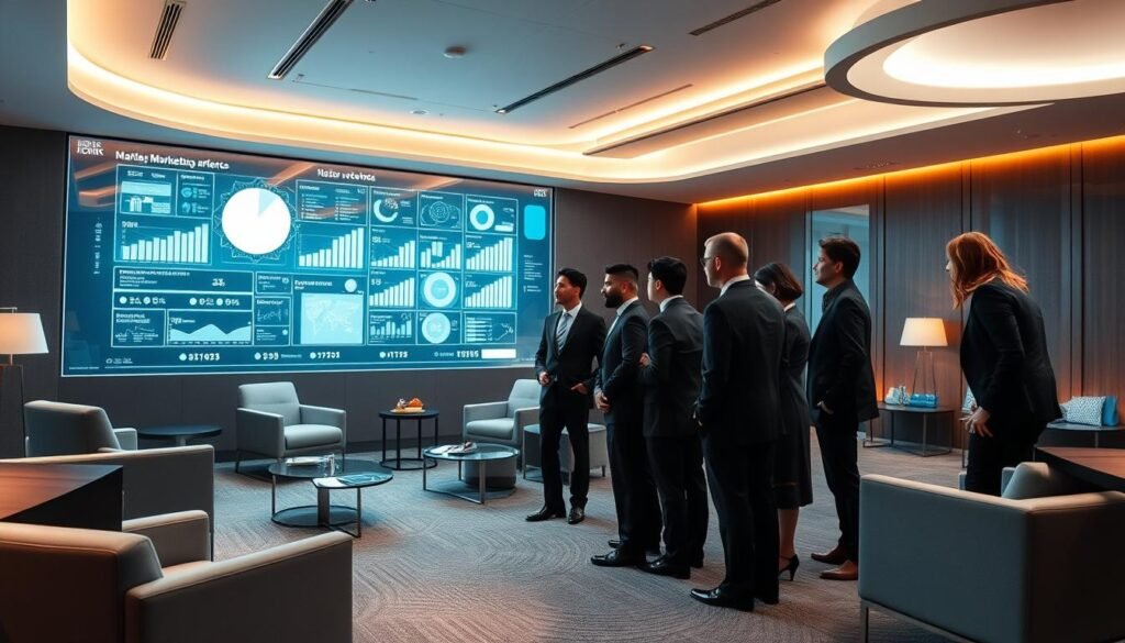 A high-tech marketing conference room with a large holographic display showcasing data visualizations and insights. Sleek, minimalist furniture and decor in shades of grey and blue create a sophisticated, forward-thinking atmosphere. Warm lighting casts a soft glow, highlighting the cutting-edge technology. In the foreground, a group of businesspeople in formal attire lean in, engaged in an animated discussion about marketing strategy. A sense of innovation, collaboration, and a focus on data-driven decision making permeates the scene.