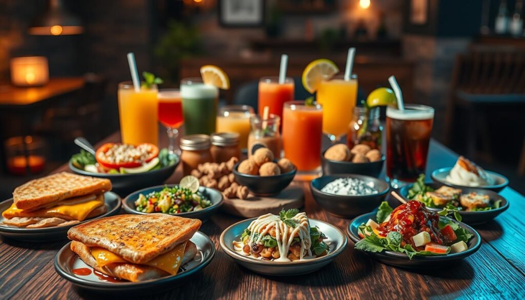 A lively, artfully-composed scene showcasing a variety of mouth-watering dishes and snacks, perfectly suited for social media sharing. In the foreground, a selection of visually-striking small plates and finger foods - steaming hot, gooey grilled cheese sandwiches, fresh salads with colorful vegetables, and decadent desserts drizzled with sauces. The middle ground features an assortment of beverages, including vibrant juices and craft cocktails, arranged on a rustic wooden table. In the background, a stylized, atmospheric setting with hints of a cozy cafe or modern bistro, bathed in warm, soft lighting that enhances the inviting, shareable ambiance. The overall composition evokes a sense of culinary delight and social connection, capturing the essence of food-focused social media content.