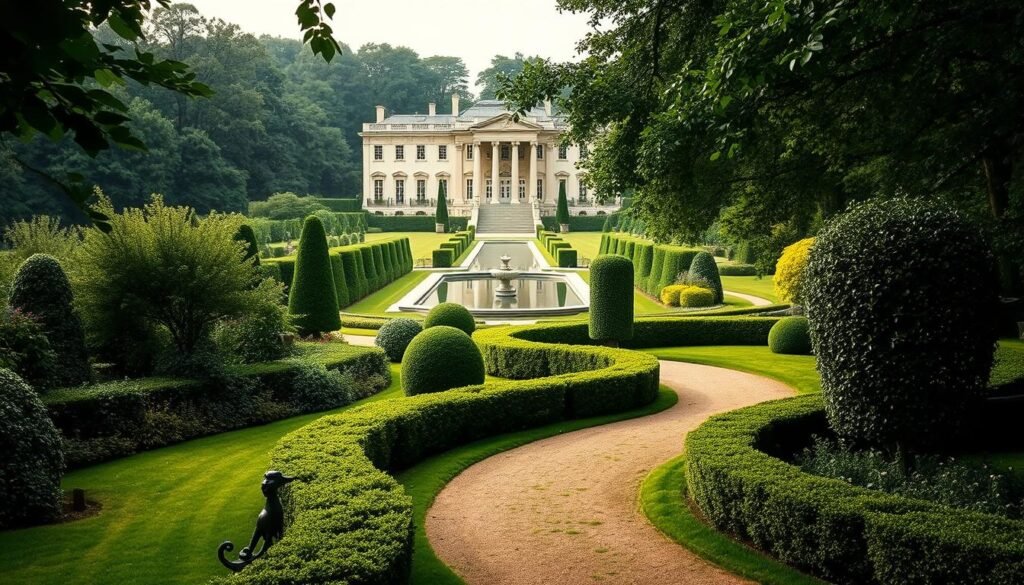 A lush, verdant landscape with a winding, custom-designed parcours meandering through the foreground. The path is lined with elegant, sculpted hedges and dotted with ornate topiary sculptures, creating a sense of refined luxury. In the middle distance, a tranquil reflecting pool mirrors the surrounding foliage, while in the background, a grand, neo-classical mansion stands proudly, its facade adorned with intricate architectural details. Soft, diffused lighting bathes the scene in a warm, golden glow, evoking a serene and exclusive atmosphere. The overall composition conveys a harmonious blend of nature and elegance, perfectly capturing the essence of "Hyper-personnalisation Luxe".